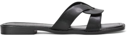ESSEX GLAM Women's Slip On Slider Ladies Flat Open Toe Summer Holiday Black Faux Leather Casual Sandals Size 3