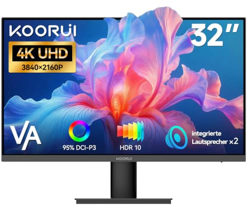 KOORUI Monitor 32 Pollici 4K, UHD 3840×2160, VA, 60Hz, Speaker integrati, 3ms, DCI-P3 95%, HDR10, Adaptive Sync, 2× HDMI 2.0 & DP 1.4, VESA 100×100 | 3840×2160, HDR10, 95% DCI-P3, Adaptive Sync, HDMI 2.0/DP 1.4, VESA, Eye Care, Monitor Desktop Telelavoro Multimedia