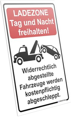 PRINTIMA Ladezone Schild 21 x 32 cm – Tag und Nacht freihalten – PVC Hinweisschild, Warnschild mit Abschleppsymbol für Ladebereich, Zufahrt, Anlieferung & Betrieb