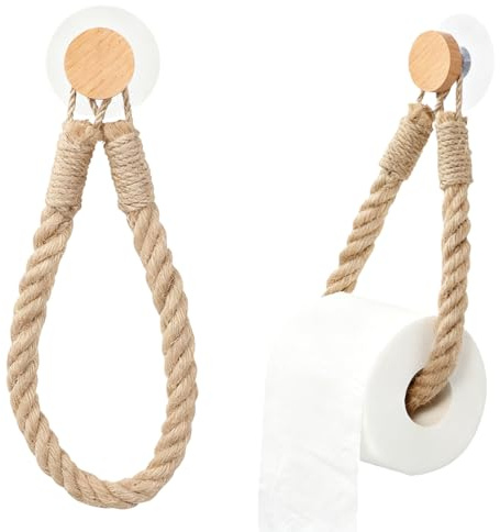 YUVKIN Set Porte-Papier Toilette Auto-Adhésif en Bois Sans Perçage Design Vintage Décoration Boho avec Corde pour Cuisine, Salle de Bain, Toilette