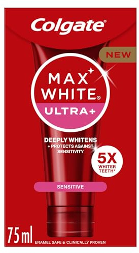 Colgate Max White Ultra+ Sensitive Toothpaste, 75ml | Clinically Proven 5x Whiter Teeth* and 24/7 Protection** for Sensitive Teeth
