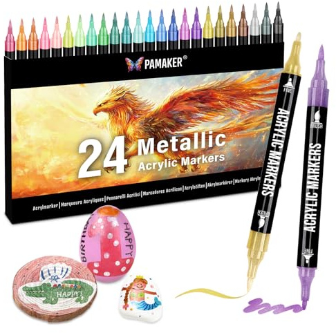 Acrylstifte Acryl Marker Set, 24 Metallic Stifte mit Dual Tip dünne & dicke | Metallic Stifte für kreative Erwachsene, Acrylstifte Metallic für Kunstwerke auf Stoff, Stein, Glas, Keramik, Muscheln & Holz