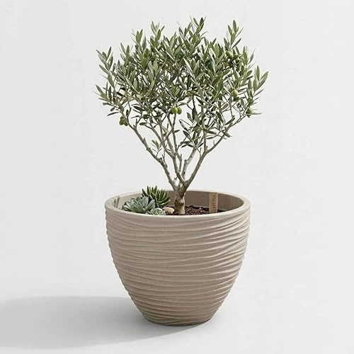 URBNLIVING Large Round Stone Effect Plant Pot – Modern Outdoor & Indoor Planter, Durable Wide-Opening Garden Décor (SYLT Cream)