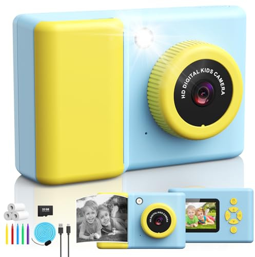 Ushining Sofortbildkamera Kinder, 1080P HD Kinderkamera Sofortbildkamera mit 32GB Karte & DruckerPapier 2,4 Zoll IPS Bildschirm DigitalKamera Geschenke für Jungen/Mädchen 3-12 Jahren (Blau)