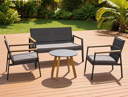 Cybert Salotto Lounge 4 Pezzi KYOTO – Divano 2 Posti + 2 Poltrone + Tavolino con Cuscini – Alluminio Braccioli Effetto Teak – Set Interno ed Esterno per Casa, Veranda, Bar, Hotel, Lounge e Giardino