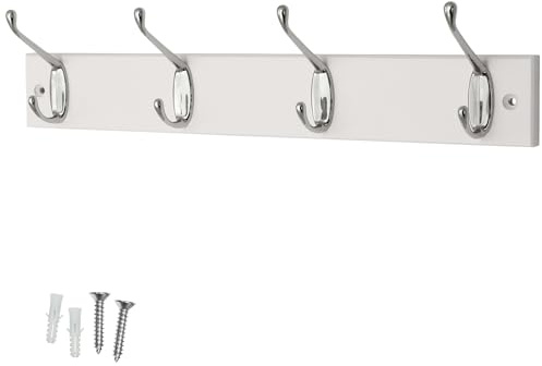 Keypak White Wall Mounted Coat Rack with 4 Polished Chrome Double Hook 45cm | Pine Wood Backboard Clothes Hanger for Hallway, Bedroom, Bathroom