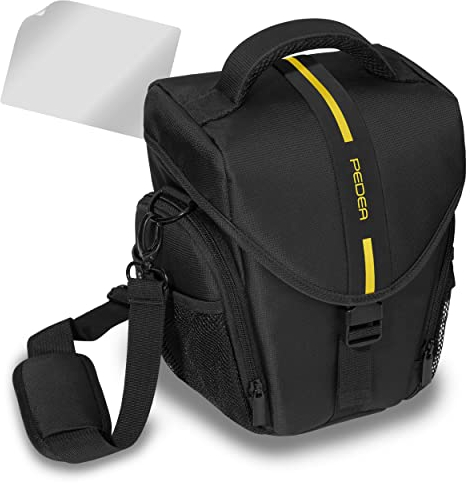 PEDEA DSLR-Kameratasche Essex mit Displayschutzfolie für Olympus E-M5 Mark II Pen E-PL8 E-PL9 / Canon EOS M50 / Nikon D5600 D7500 / Panasonic G9 G70 G81 GX8 / Fujifilm X-T3 X-T100, Gr. L gelb