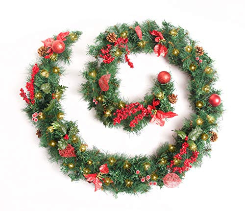 Best Artificial 9ft Red Decorated Christmas Garland with 80 Warm White LED Battery Lights