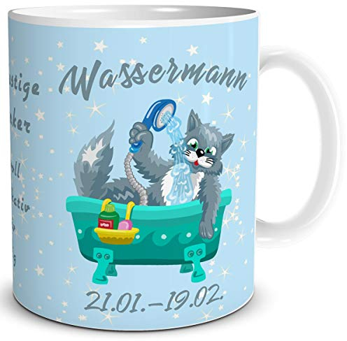 TRIOSK Tasse Katze lustig mit Spruch Sternzeichen Wassermann Katzenmotiv Geschenk Geburtstagstasse für Katzenliebhaber Frauen Freundin