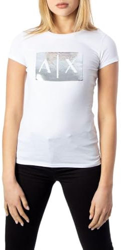 Armani Exchange Basic con logo sequin, T-shirt, Donna, Bianco (White Ground), XS