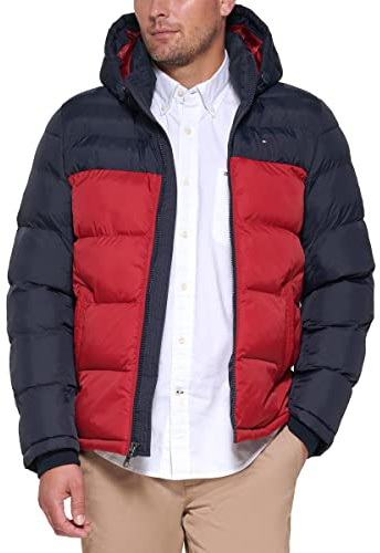 Tommy Hilfiger Men's Classic Hooded Puffer Jacket Down Alternative Coat, Midnight/Red Color Block, L UK