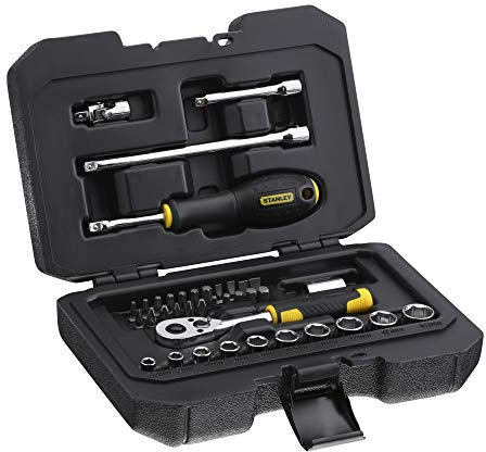 Stanley STMT82828-1 Coffret De 10 Douilles ¼’’ + Cliquet 54 Dents - Angle De Reprise 6,7° - Poignée Bi-Matière Conforme Aux Normes Iso 1174 Et Din3120 - Coffret Compacte Résistant - Jeu De 38 Pièces