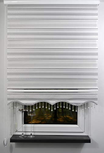 kskeskin Doppelrollo Breite 160 cm Länge 200 cm Stoff mit Glitzer mit Alukassette, Volant mit Perlen in verschiedenen Breiten (MS04, 160)