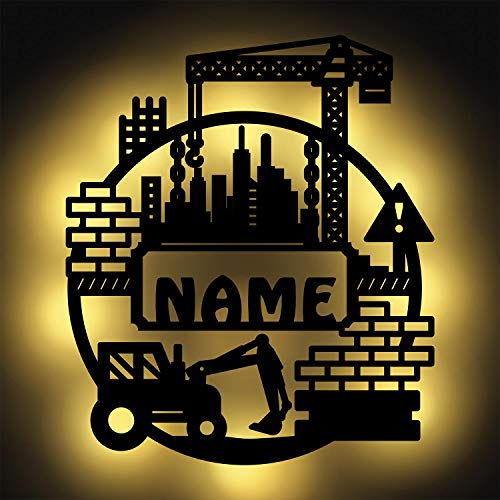Namofactur Baustelle Kinder Junge Erwachsenen Geschenke Bauarbeiter Männer Deko-Nachtlicht Wand-Lampe Baufahrzeuge personalisiert I Batteriebetrieben
