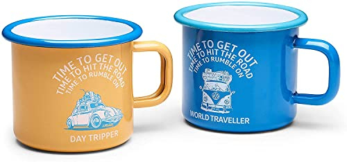 Volkswagen 7E9069601 VW T1 Bulli Escarabajo - Taza de café (esmaltada, 2 unidades), color azul y amarillo