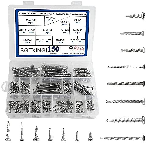 BGTXINGI Lot de 150 vis auto-perceuses à tête cylindrique en acier inoxydable M3,5 M4,2 M4,8 M5,5 M6,3 - Pour tôle, bois et vis à métaux - Avec étui pratique