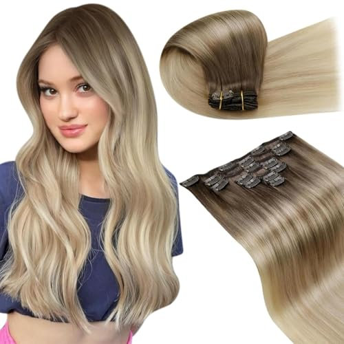 LaaVoo Clip in Extensions Echthaar Ombre Blond Doppelt Tressen 40cm Remy Echthaar Clip in Extensions Hellbraun Balayage Dunkel Aschblond Ombre Platinblond Haarverlängerung Clips 120G/7Stück