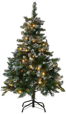 Albero di Natale Artificiale Pre-Illuminato Verde Innevato Base Nera 120 cm