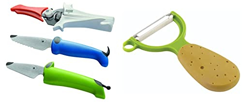 KUHN RIKON kinderkitchen Children's Essential Set, White/Blue/Green & 20401 Straight Veggie Peeler, Potato Design, Brown/Green, 1.3x7.2x13 cm