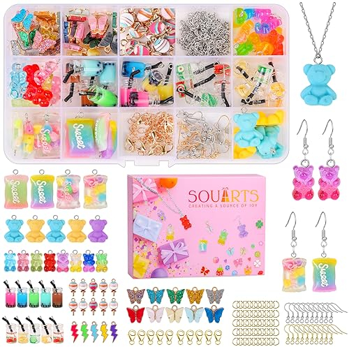 Souarts 99PCS Charms Schmetterling Bär Anhänger Set mit 81PCS Zubehör für Ohrringe Armband Halskette Schlüsselanhänger, Schmuck Selber Machen Set mit Aufbewahrungsbox