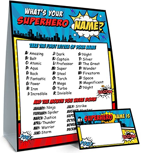 What is Your Superhero Name Game, cartel de juego y 30 tarjetas, letrero de fiesta de cumpleaños de superhéroe para niños, actividad navideña, tarjetas de actividad de superhéroes para niños,