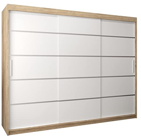 MEBLE KRYSPOL Schwebetürenschrank Verona 1 250 cm Kleiderschrank mit Kleiderstange und Einlegeboden Schlafzimmer- Wohnzimmerschrank Schiebetüren Modern Design (Schubladen: 0, Sonoma + Weiß)