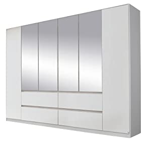 Rauch Möbel Mainz Schrank Kleiderschrank Drehtürenschrank Weiß 6-türig mit Spiegel, 4 Schubladen inkl. Zubehörpaket Basic 4 Einlegeböden, 4 Kleiderstangen, grifflos BxHxT 271x210x54 cm