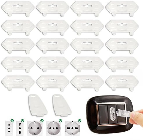 A&M Italia Copriprese per Bambini - 20 Copri Prese Elettriche in ABS Certificato EN-71 e 2 Chiavi (Trasparente)