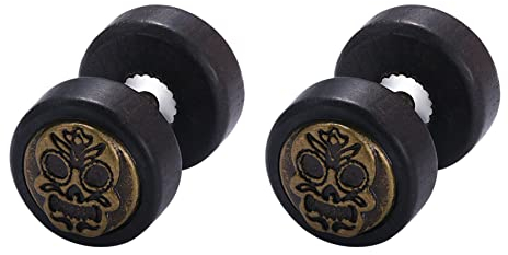 Cupimatch Ohrstecker Hantel Ohrringe Holz: Gothic Schwarz Hantel Edelstahl Fake Plug Totenkopf Earrings Klassische Vintage Hölzerne Unisex Runde Ohrschmuck Hip Hop Geschenk für Männer Frauen
