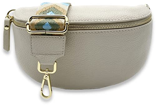Bauchtasche mit breitem Gurt Damen beige Gold, Leder Crossbody Bag mit breitem Taschengurt, Gürteltasche, Brusttasche, Boom Bag (Ethno)