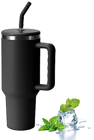 Joulli Travel Tumbler with Straw Lid and Handle,Travel Mug 40oz/30oz Stainless Steel Coffee Travel Insulated Cup Mug Leak Proof Vacuum Insulated Water Bottle for Cold & Hot Drinks (Upgrade Black40oz)