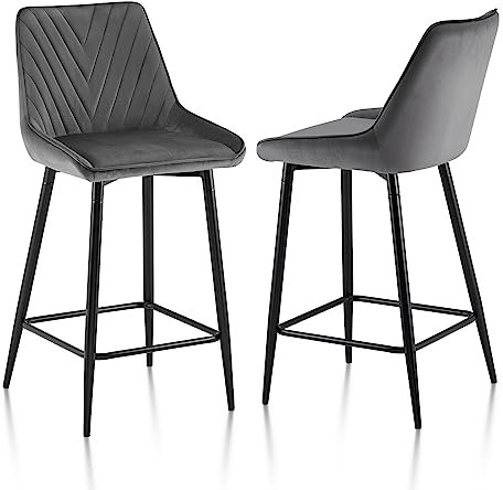 LEMROE Barhocker, 2er-Set für die Küche, mit Metallbeinen und Fußstütze, Samt-Barhocker mit Rückenlehne, gepolsterte Frühstücksthekenhocker für die Heimkücheninsel