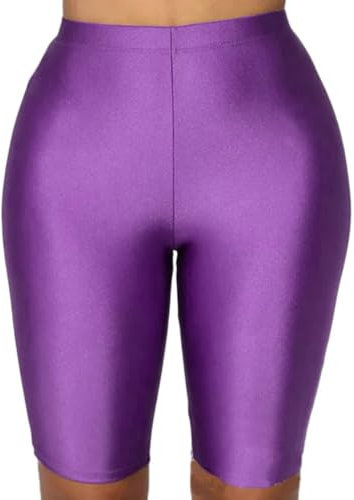 Onsoyours Damen Sommer Glänzend Sport Shorts Radlerhose Leggings High Waist Sporthose Gym Yoga Lauf Hose Blickdichte Shapewear Bauchweg Jogginghose A Lila 3XL