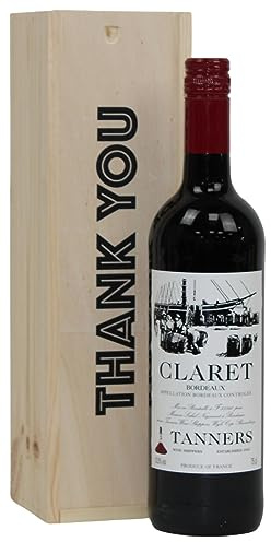 Say Thanks - Bordeaux French Red Claret Wine 75 cl, in a Thankyou Celebration Wooden Gift Box - Classic Red Merlot Wine Gift Single Bottle - Tanners Claret Thank You Present