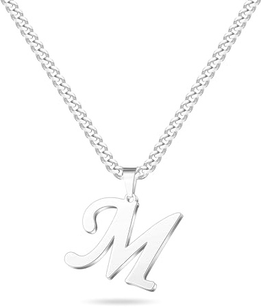 Mens Necklace - Silver Letter M Initial Necklace for Men Women Stainless Steel Letter Pendant Cuban Link Chain Initial Necklaces Graduation Fathers Birthday Gifts for Men Son Dad Husband Boyfriend