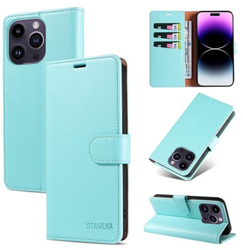 STAWLKA Case for iPhone 14 Pro, Premium PU Leather Flip Magnetic Buckle Wallet Case Kickstand Blocking RFID Shockproof Protective Phone Cover for iPhone 14 Pro - Mint Green