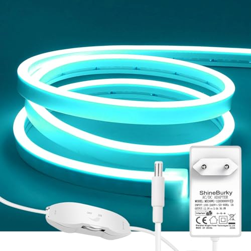 ShineBurky 5M Neon LED Strip Eisblau, 12V Neon LED Streifen Dimmbar Flexibel Wasserdicht IP65 Lichtleiste Silikon LED Neon Lichtband für Wohnzimmer Schlafzimmer Wand Deko DIY (Inklusive Netzteil)