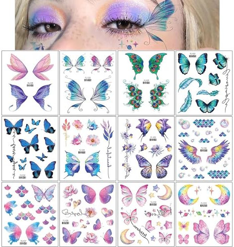 RabbFit 12 Sheets Glitter Butterfly Temporary Tattoo Stickers for Women Girls Butterfly Face Tattoos Eyes Face Makeup Decoration Flash Fairy Wings