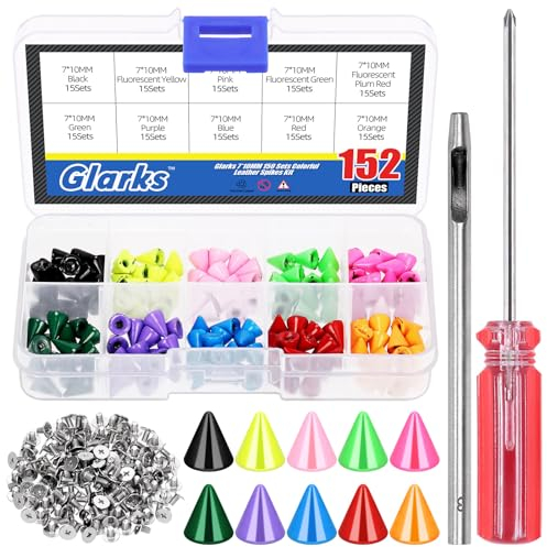 Glarks 150 Sets Bunte Kegel Spikes Studs Kit, 10mm Punk Bullet Kegel Studs und Spikes, Leder Metall Baum Schraube Zurück Nieten für Leder Handwerk Kleidung Schuhe Gürtel Taschen Haustier Kragen
