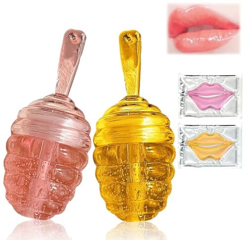 2Pcs Lip Oil Set, Honey Cute Lip Gloss with Lip Mask for Care, Clear Honey Lips Oils Kit-Lasting Moisturizing, Dry and Chapped Care, Gift Set for Womens