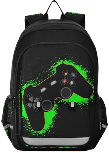 Krafig Zaino per videogiochi verde e nero per ragazze e ragazzi borse per la scuola elementare librerie zaino per laptop zaino da viaggio sicuro strisce riflettenti