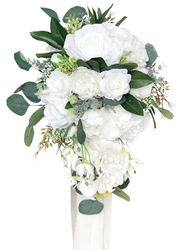 Fouriding Hochzeit Blumenstrauß für Braut,Wasser Tropfen Wasserfall Brautstrauß künstliche Blumen halten Blumen für Zeremonie Jahrestag Hochzeit Dekoration (Weiß)