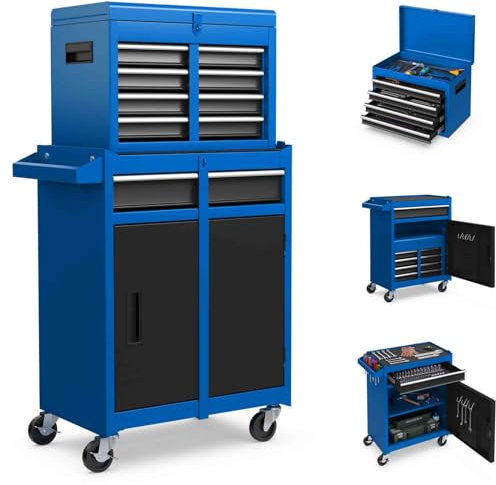 TANGZON Lockable Tool Cabinet, Rolling Tool Chest Combo with Wheels, Drawers, Hooks & Side Handle, Detachable Garage Workshop Tool Cart Trolley (without Middle Compartment, Black + Blue)