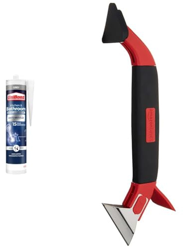 UniBond Anti Mould Silicone Sealant For Kitchen & Bathrooms, Grey Silicone Sealant Waterproof & Amazon Basics 3-IN-1 Caulk Tool for Removal and Application