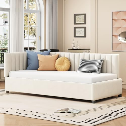 Dolamaní Sofabett klein 90x200 cm für Kinderzimmer Kinder Gäste Erwachsene, Tagesbett mit Lattenrost, Bett für Jugendliche mädchen Jungs (Beige, Einzelschlafsofa)