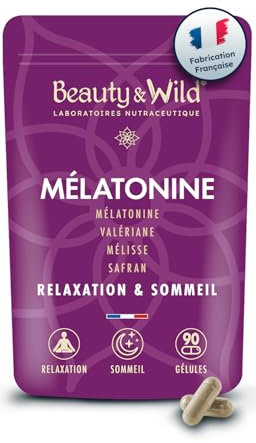 Mélatonine pour mieux dormir, Sommeil et Relaxation, 1.9mg de mélatonine + Valériane, Mélisse, Pavot californien, Safran et Vitamine B6, Sans accoutumance, 90 nuits, 1 gélule/jour, Made in France