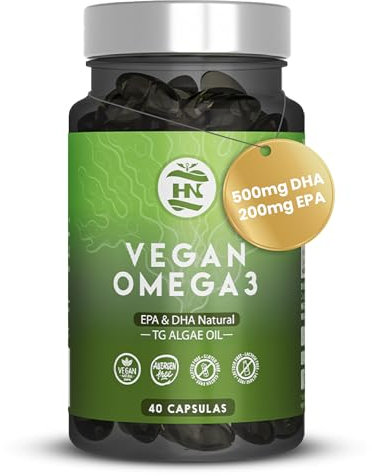 Omega 3 Vegan (40 gélules, 20 jours) Huile d'algue oméga 3 équilibrée avec DHA et EPA, Omega 3 algues avec vitamine E, idéale pour le cerveau et le cœur, supplément végétalien-végétarien.