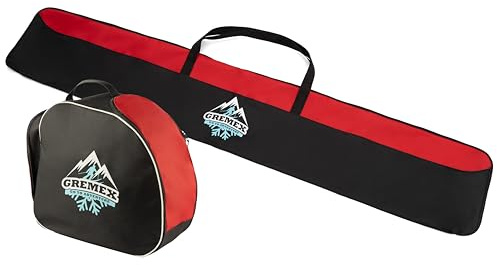 GREMEX Skitasche und Skischuhtasche Set - Starke Skitasche - Skisack Skitasche Set - Wasserfeste Tasche Skischuhe mit Helm - Skisack für 1 Paar Ski - Skischuhtasche mit Helmfach - Ski Zubehör