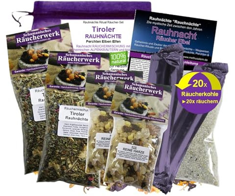 Rauhnächte räuchern Set 10-TLG Räucherset Tiroler RAUHNACHT 4X 20-Alpenkräuter Räucherwerk, Reine HARZE, Räucherkohle, Anleitung, Zubehör, Rauhnachtfibel, Täschchen 95740-X4RZE