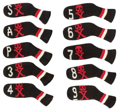 Scott Edward 10 Pcs Golf Iron Club Covers Head Covers for Irons Cuteness Basically Socks Shape Washable Golf Club Head Protector Double Sided Knit Suitable for Most Brands (Black Red Skull)